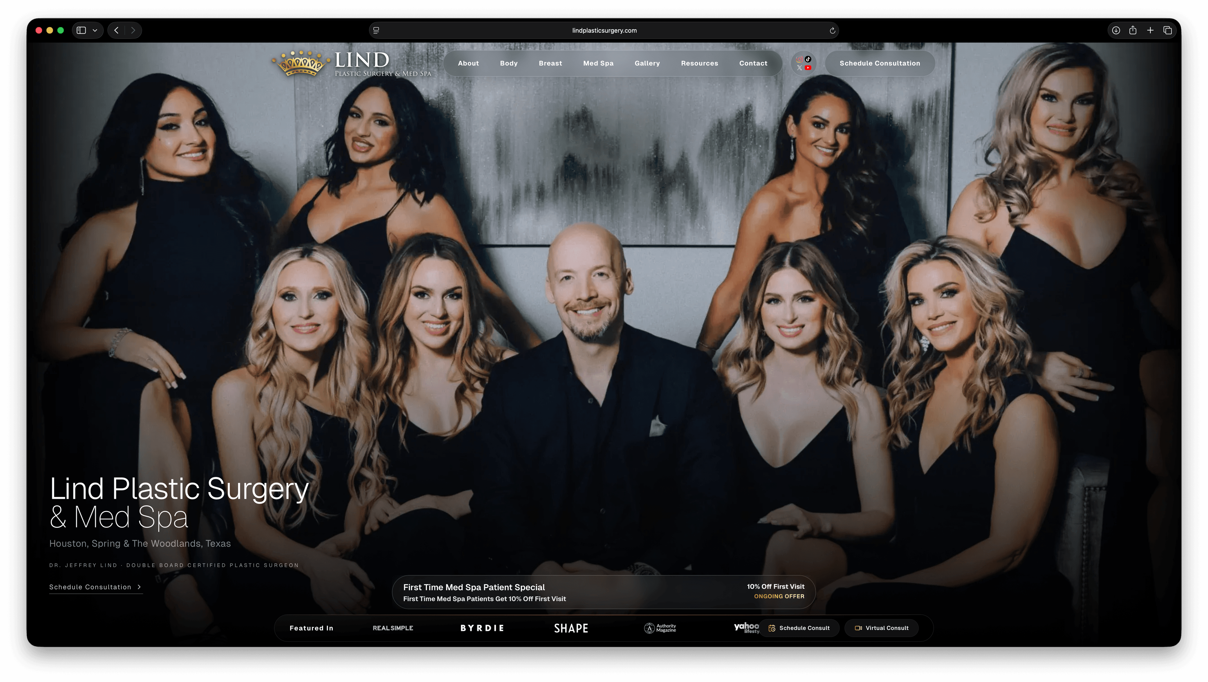 The redesigned Lind Plastic Surgery & Med Spa homepage hero section