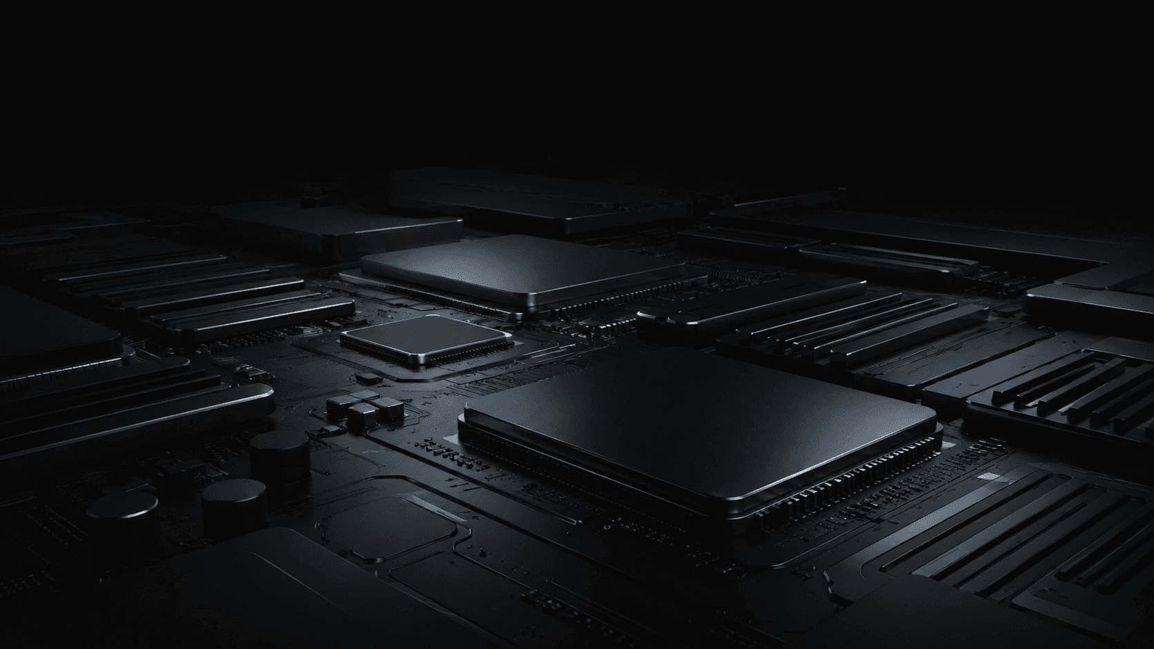 This image features a close-up, dimly lit view of a dark, futuristic computer motherboard or server board. It highlights various metallic chips, processors, and electronic components arranged on a sleek, highly detailed circuit board.