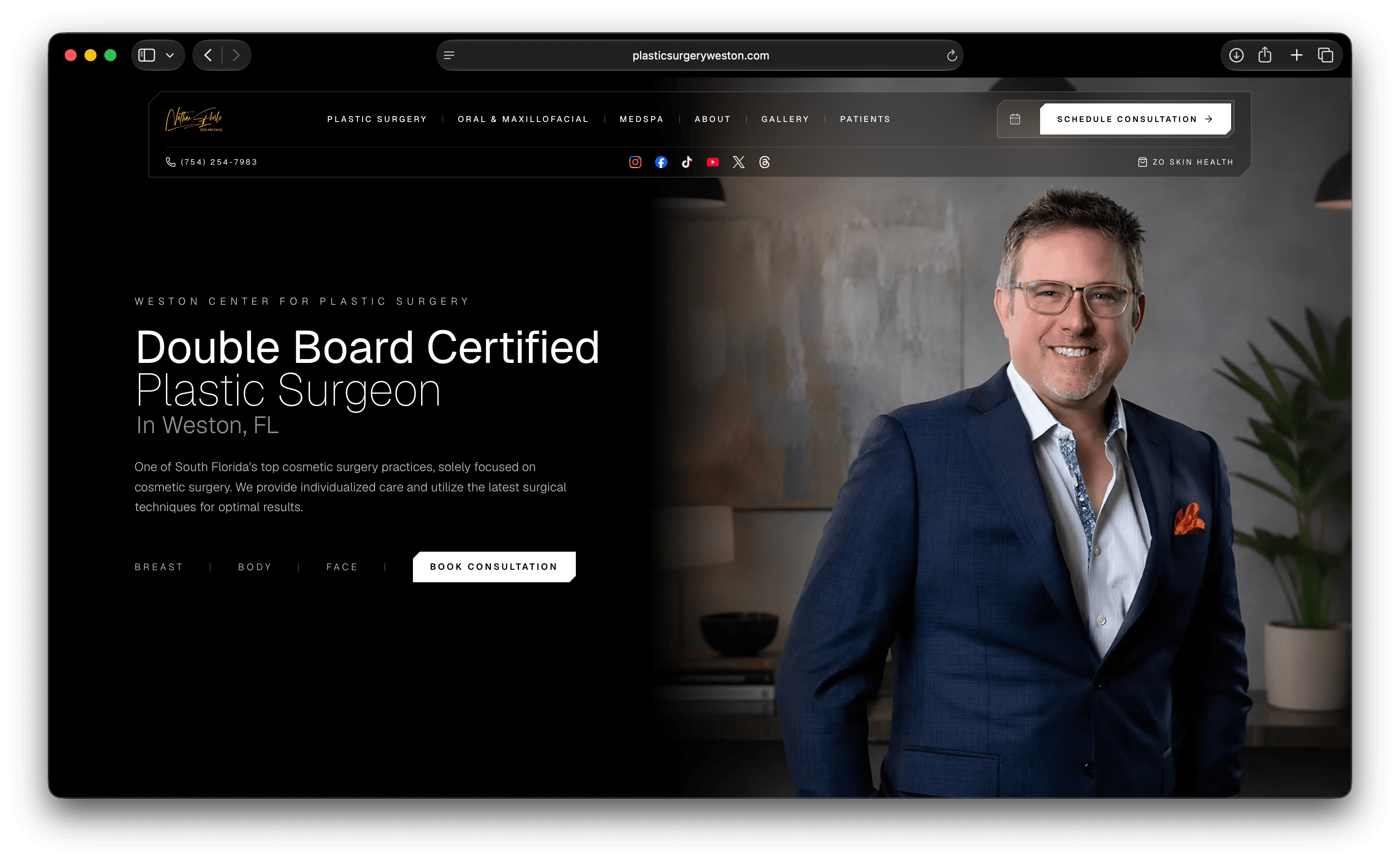 The redesigned Weston Center for Plastic Surgery homepage hero section